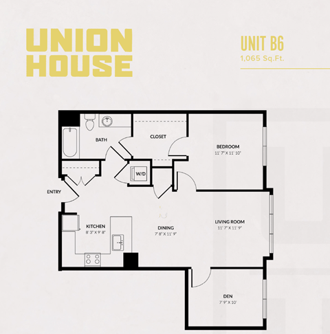 A floor plan of a Union House apartment unit B6, which is 1,065 square feet.